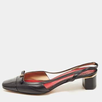 Pre Owned CH Carolina Herrera Black Leather and Patent CH Logo Bow Slingback Pumps Size 37