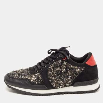 Pre Owned CH Carolina Herrera Black Suede and Leather Embellished Low Top Sneakers Size 38