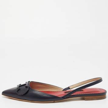 Pre Owned CH Carolina Herrera Navy Blue Leather Initials Insignia Slingback Flats Size 37 