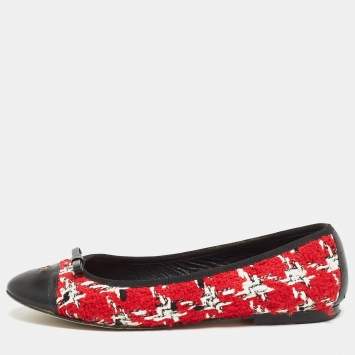 Pre Owned CH Carolina Herrera Multicolor Tweed and Leather Bow Ballet Flats Size 40