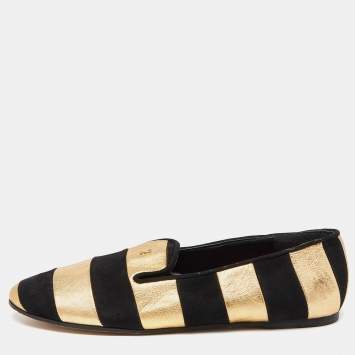 Pre Owned CH Carolina Herrera Black/Gold Leather and Suede Smoking Slippers Size 37