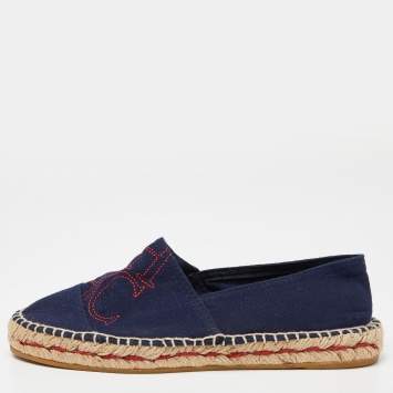Pre Owned CH Carolina Herrera Navy Blue Canvas Espadrille Flats Size 36