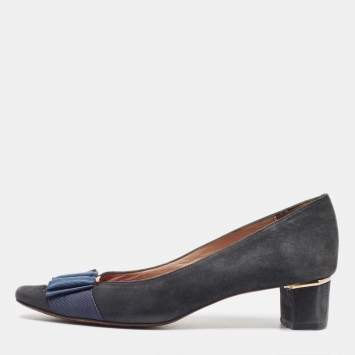 Pre Owned CH Carolina Herrera Navy Blue Suede Bow Pumps Size 37