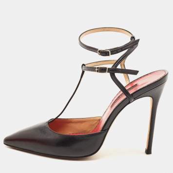 Pre Owned CH Carolina Herrera Black Leather T-Bar Ankle Strap Pumps Size 38