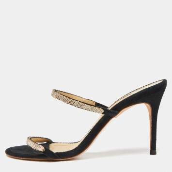 Pre Owned CH Carolina Herrera Black Suede Crystals Embellished Slide Sandals Size 38