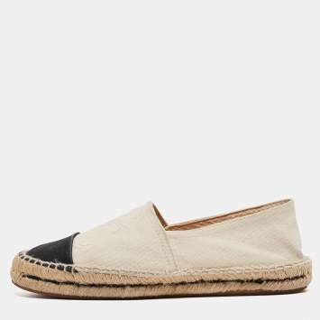 Pre Owned Carolina Herrera Off White/Black Canvas Cap Toe Flat Espadrilles Size 37