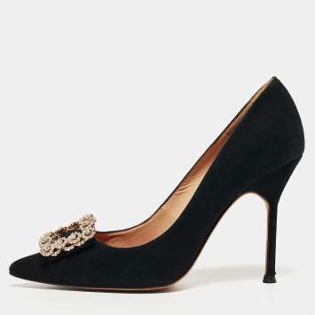 Pre Owned Carolina Herrera Black Suede Crystal Embellished Pointed Toe Pumps Size 38