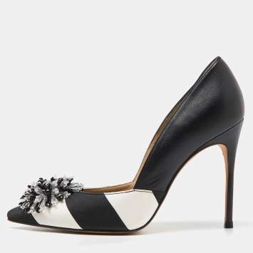 Pre Owned CH Carolina Herrera Black/White Leather Crystal Embellished Pointed Toe Pumps Size 37