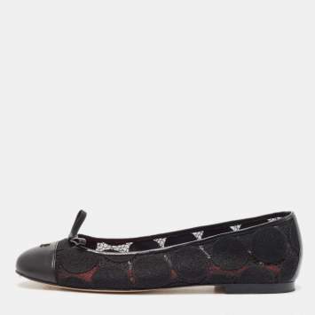 Pre Owned CH Carolina Herrera Black Lace and Leather Cap Toe Bow Ballet Flats Size 39