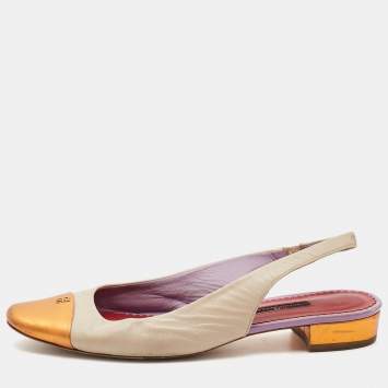 Pre Owned CH Carolina Herrera Cream/Orange Leather Round Toe Slingback Pumps Size 39