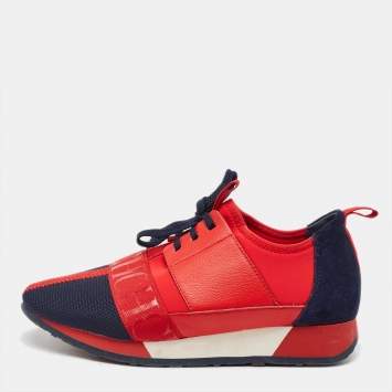 Pre Owned CH Carolina Herrera Red/Navy Blue Leather and Suede Low Top Sneakers Size 36