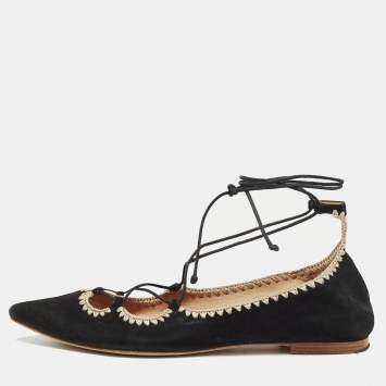 Pre Owned Carolina Herrera Black Suede Pointed Tie Up Ballet Flats Size 37