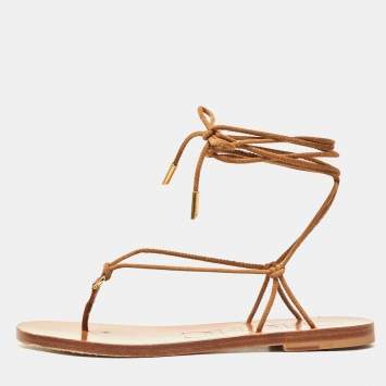 Pre Owned CH Carolina Herrera Brown Suede Lace Up Thong Flat Sandals Size 38