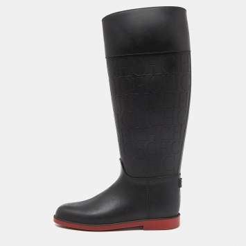 Pre Owned CH Carolina Herrera Black Embossed Rubber Rain Boots Size 38