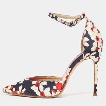 Pre Owned CH Carolina Herrera Tricolor Floral Print Satin Ankle Strap Pumps Size 37