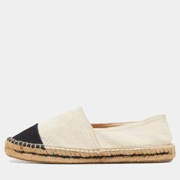 Pre Owned CH Carolina Herrera Off White/Black Canvas Cap Toe Flat Espadrilles Size 38