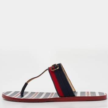 Pre Owned CH Carolina Herrera Multicolor Canvas and Leather Thong Flats Size 38