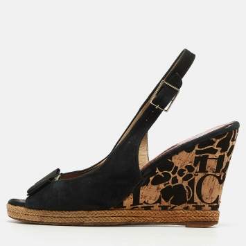 Pre Owned CH Carolina Herrera Black Suede Bow Cork Wedge Slingback Sandals Size 38
