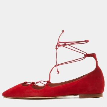 Pre Owned CH Carolina Herrera Red Suede Pointed Toe Tie Up Ballet Flats Size 37