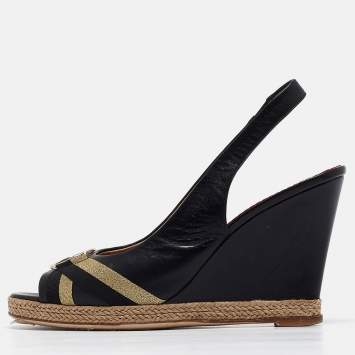 Pre Owned CH Carolina Herrera Black Leather Wedge Slingback Pumps Size 38