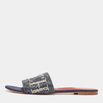 Pre Owned CH Carolina Herrera Navy Blue Leather Crystal Embellished Flat Slides Size 39