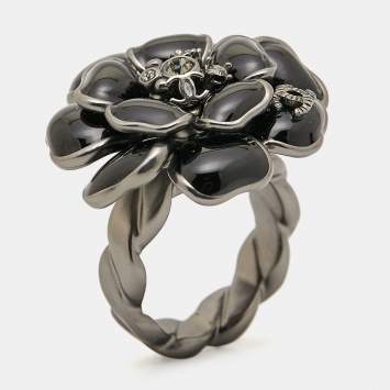 Chanel CC Camellia Enamel Crystals Gunmetal Tone Ring Size 54