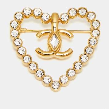 Pre Owned Chanel CC Heart Crystals Gold Tone Brooch