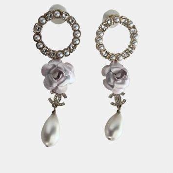 Pre Owned Chanel Camilia CC Crystal/Pearl Round Dangle Large Earring