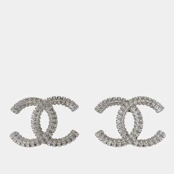 Pre Owned Chanel CC Silver crystal embellished large earring