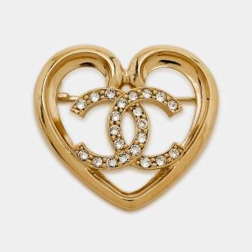 مملوكة مسبقًا Chanel Heart Crystals Gold Tone Brooch