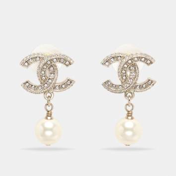 Pre Owned Chanel Pale Gold Tone Crystal CC Faux Pearl Drop Earrings
