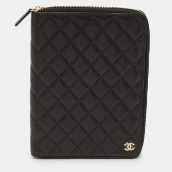Pre Owned Chanel Zip Around Agenda Cover Black Quilted Caviar Leather