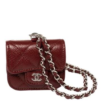 Pre Owned Chanel Red Quilted Caviar Leather AirPods Pro Case on Chain