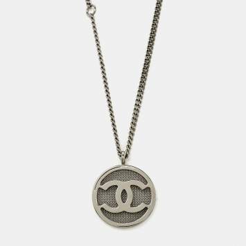 Pre Owned Chanel CC Gunmetal Tone Pendant Necklace