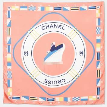 Pre Owned Chanel Coral Pink Cruise Print Silk Square Scarf