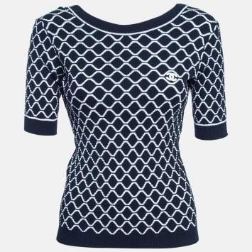 Pre Owned Chanel Navy Blue Patterned Rib Knit Top M