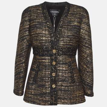 Pre Owned Chanel Black Metallic Tweed Button Front Jacket M