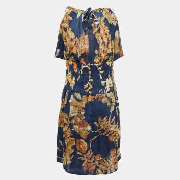 Pre Owned Chanel Navy Blue Floral Print Silk Button Detail Mini Dress M