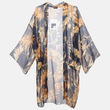 Pre Owned Chanel Navy Blue Floral Print Silk Open Front Long Cardigan M