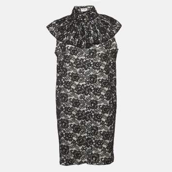 Chanel Black Floral Lace Ruffled High Neck Mini Dress L