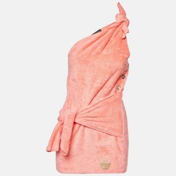 Pre Owned Chanel Coral Pink Terry One-Shoulder Cover-Up Mini Dress M