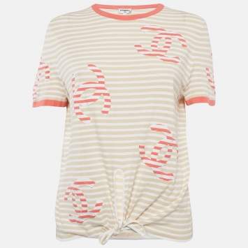 Pre Owned Chanel Beige/White Stripe Logo Jacquard Cotton Knit Tie-Up Top M