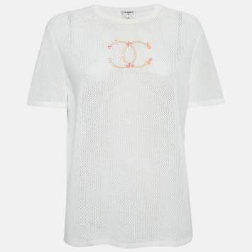 Chanel White CC Embroidered Mesh Sheer T-Shirt L