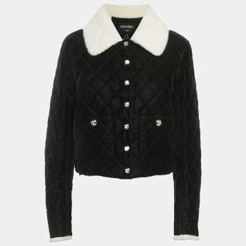 Pre Owned Chanel Black Faux Shearling Satin Finish Quilted Jacket M