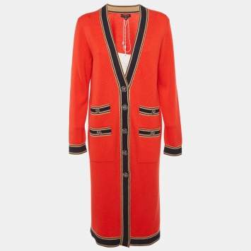 Pre Owned كارد يغان شانيل صوف كشمير أحمر طويل مقاس ميديم (متوسط)