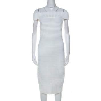 Pre Owned Chanel White Cotton Blend Rib Knit Off-Shoulder Fitted Dress L
