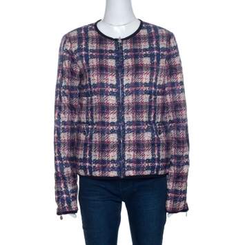 Pre Owned Chanel Multicolor Checked Tweed Print Technical Fabric Reversible Jacket M 