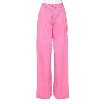 Pre Owned Chanel Neon Pink Denim High Waisted Wide Leg Jeans S