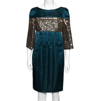 Pre Owned Chanel Teal Blue Pleated Satin Sequin Embellished Sleeve Dress M