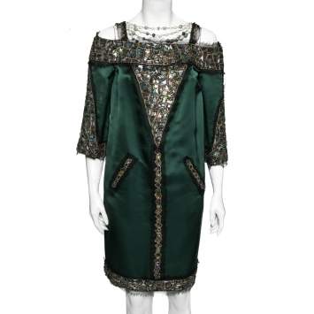 Pre Owned Chanel Green Silk Crystal Embellished and Lace Trims Dress M